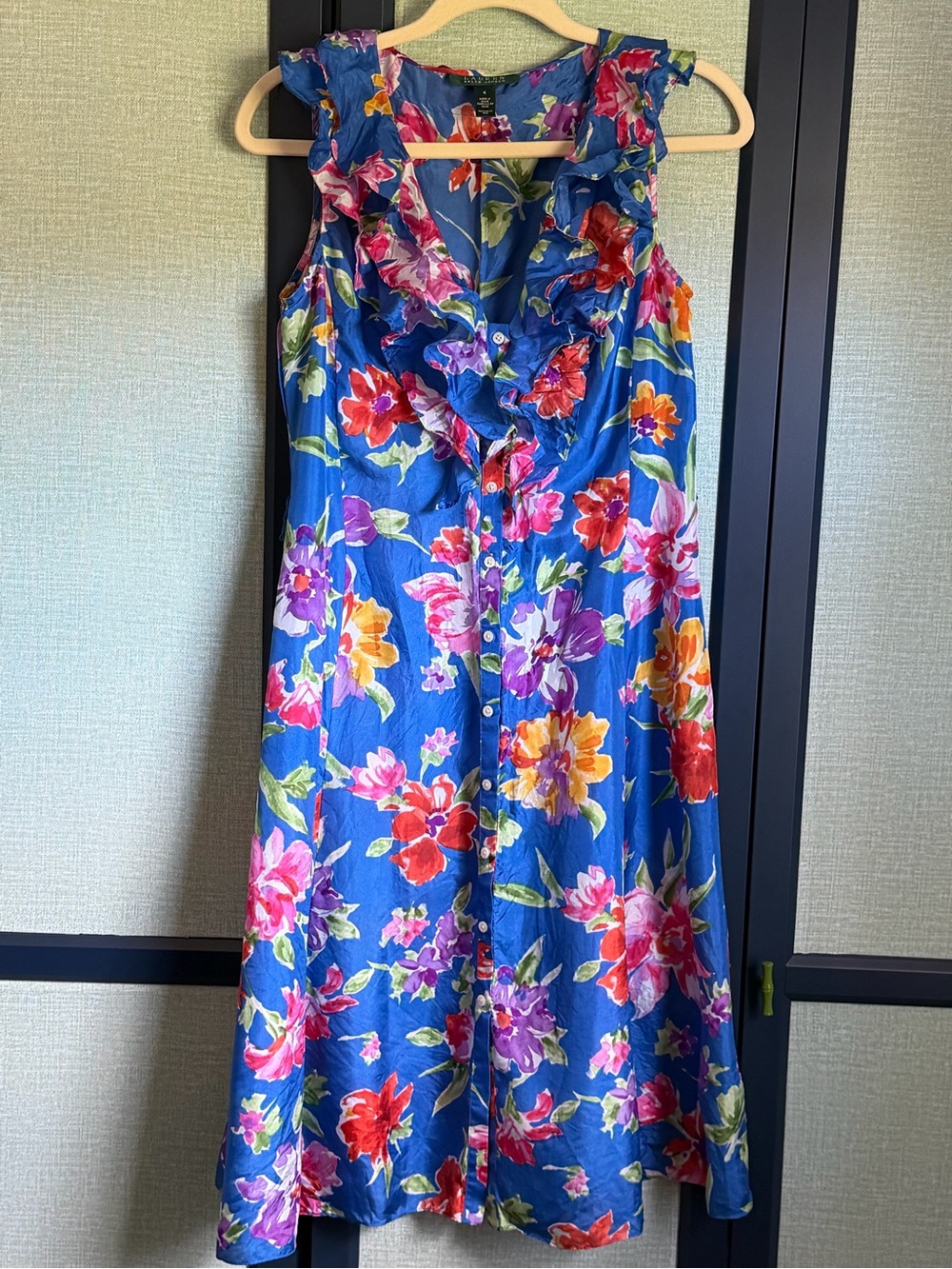 Lauren Ralph Lauren Floral Button Tie Front Ruffle 100% Silk Shirt Dress, Size 4 - Picture 4 of 12
